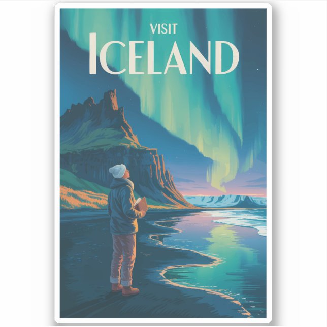 Iceland Northern Lights Illustration Travel Art Vi Aufkleber (Vorderseite)