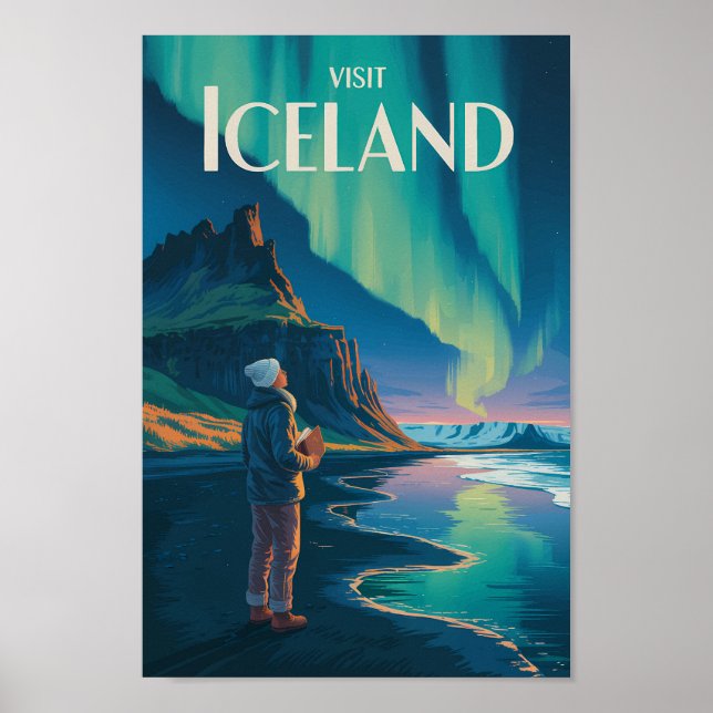 Iceland Northern Lights Illustration Travel Art Vi Poster (Vorne)