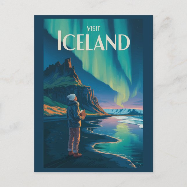 Iceland Northern Lights Illustration Travel Art Vi Postkarte (Vorderseite)