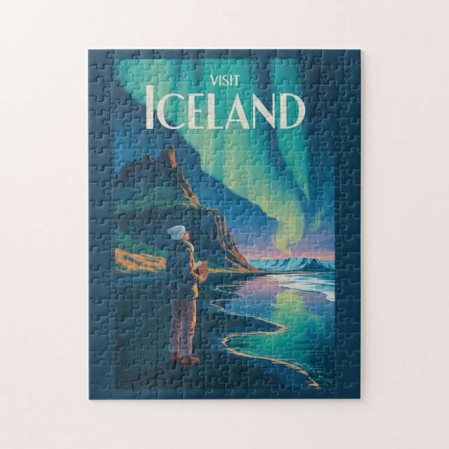 Iceland Northern Lights Illustration Travel Art Vi Puzzle (Vertikal)