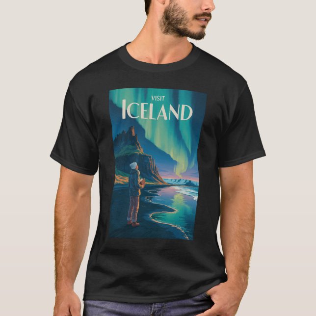 Iceland Northern Lights Illustration Travel Art Vi T-Shirt (Vorderseite)