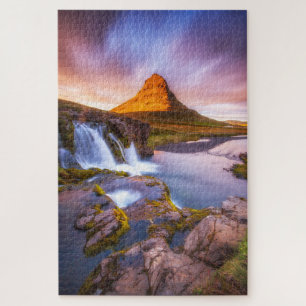 Iceland sunset, beautiful landscape with waterfall puzzle