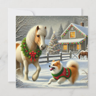 Icelandic Horse and Dog Christmas Card Feiertagskarte