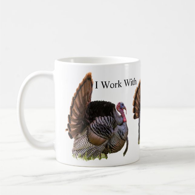 Ich arbeite mit Truthahntext Kaffeetasse (Links)