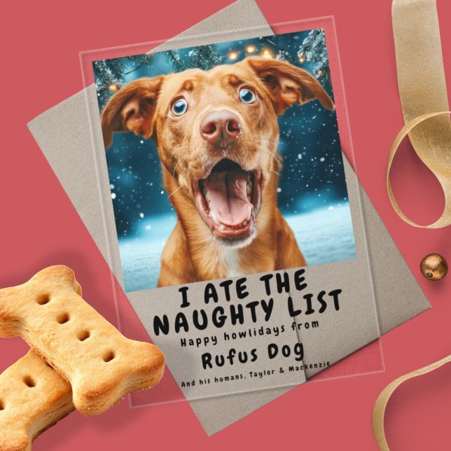 Ich aß das schmutzige Weihnachtsgebäck auf der Lis Acryleinladungen (I Ate The Naughty List Dog Christmas Photo Acrylic holiday card by Ricaso. Add your own photograph)