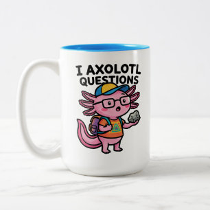 Ich Axolotl Fragen Schulkind hält Stein Neugierde Zweifarbige Tasse
