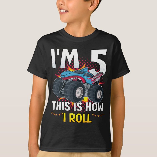 Ich bin 5 So rolle ich Monster Truck Boy T-Shirt (Vorderseite)