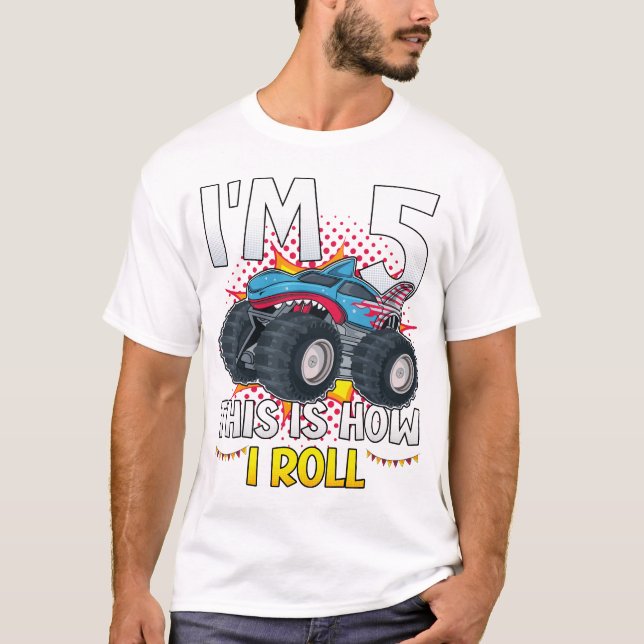 Ich bin 5 So rolle ich Monster Truck Men T-Shirt (Vorderseite)