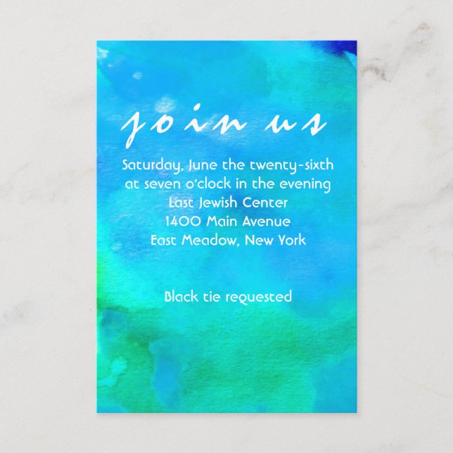 ICH BIN AQUA WATERCOLOR Bat Mitzvah Empfang Card Begleitkarte (Vorderseite)