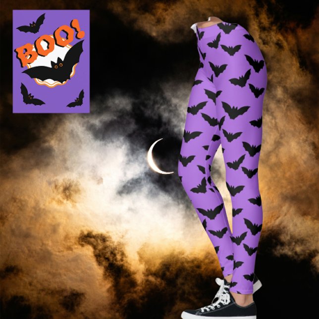 Ich bin Batty Lila Haze Black Bats Leggings gegang (Black bats on purple haze! Too scary!)