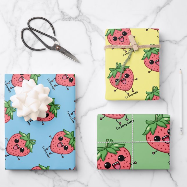 Ich bin Berry Happy niedliche Kawaii Erdbeeren Spr Geschenkpapier Set (Vorderseite)