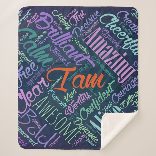 Ich bin Bestätigungs-Wort-Wolken-Kunst Sherpadecke (Vorderseite)