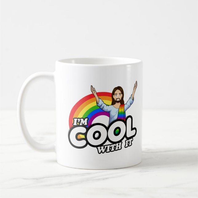 Ich bin Cool damit - Regenbogen Jesus Kaffeetasse (Links)