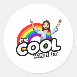 Ich bin Cool damit - Regenbogen Jesus Runder Aufkleber