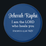 Ich bin der Herr, der dich heilt Bible Verse Blue Magnet<br><div class="desc">Dieser schöne Magnet hat einen der Namen Gottes und einen mächtigen Bibelvers aus dem Buch Exodus,  in dem Gott erklärt,  dass Er unser Heiler ist.</div>