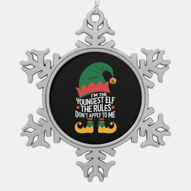 Ich bin die jüngste Elf-Matching-Familie Weihnacht Schneeflocken Zinn-Ornament (Vorderseite)