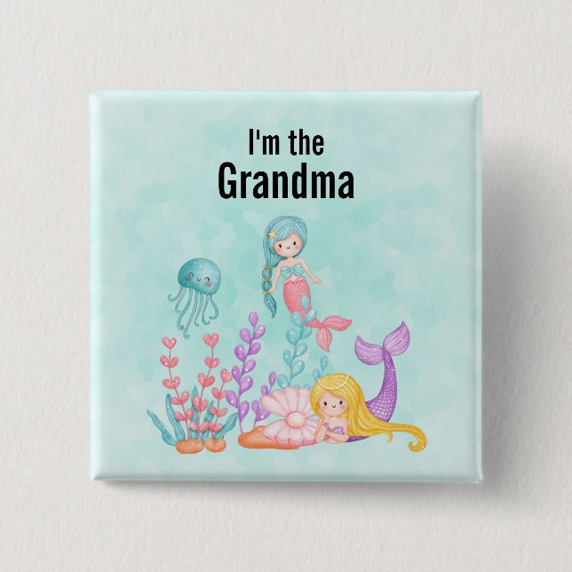 Ich bin die Oma Mermaids & Jellyfish Wasserfarbe Button (Vorderseite)