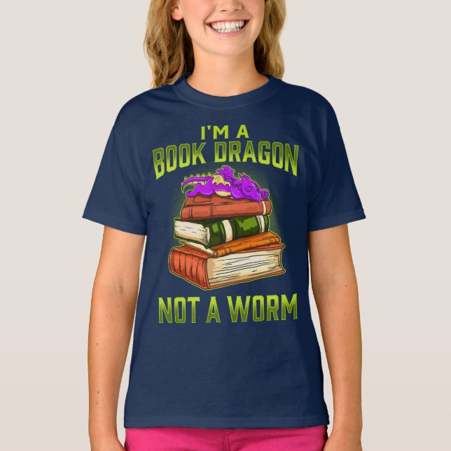 Ich bin ein Buch-Drache nicht ein Wurm T-Shirt (Vorderseite)