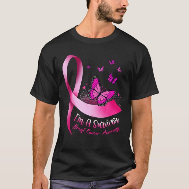 Ich bin ein Überlebender Butterfly Pink Ribbon Kre T-Shirt (Vorderseite)