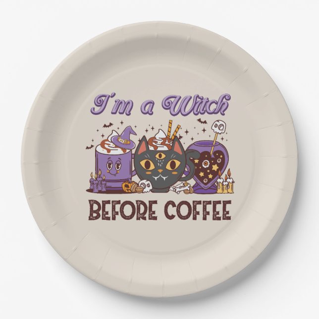 Ich bin eine Hexe vor dem Kaffee Pappteller (Vorderseite)