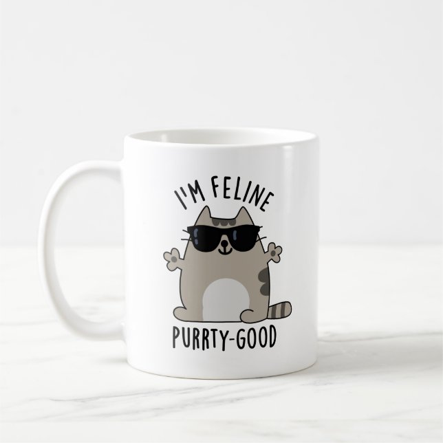 Ich bin Feline Purr-ty Good Funny Cat Pun Kaffeetasse (Links)