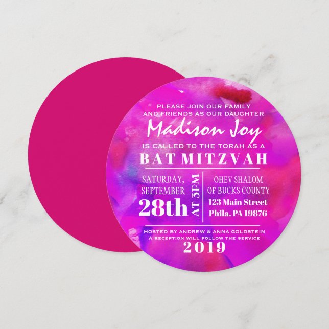 ICH BIN FUSHIA WATERCOLOR Bat Mitzvah Einladung (Vorne/Hinten)