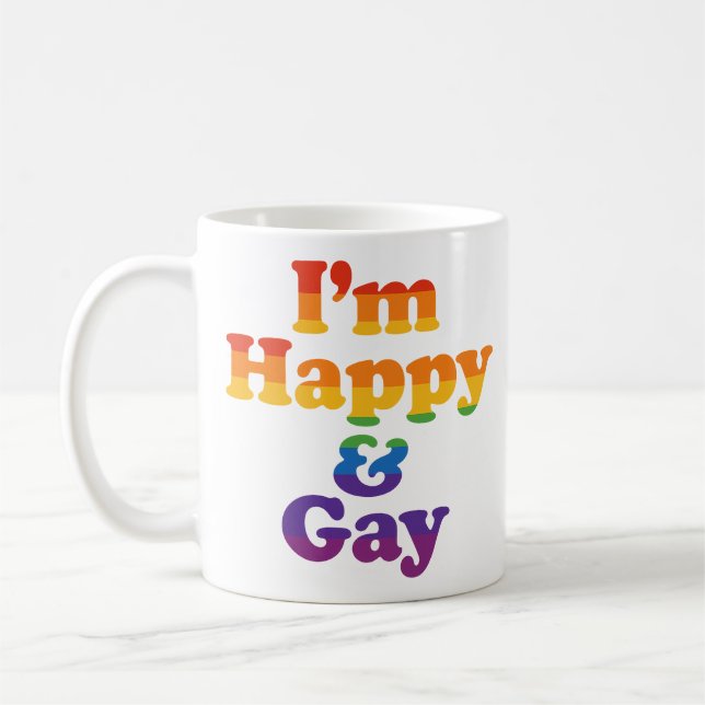 „Ich bin glücklich & gay“ Tasse – Feste Pride Kaff (Links)