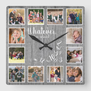 Ich bin im Ruhestand Foto-Collage Rustikales Holz Quadratische Wanduhr