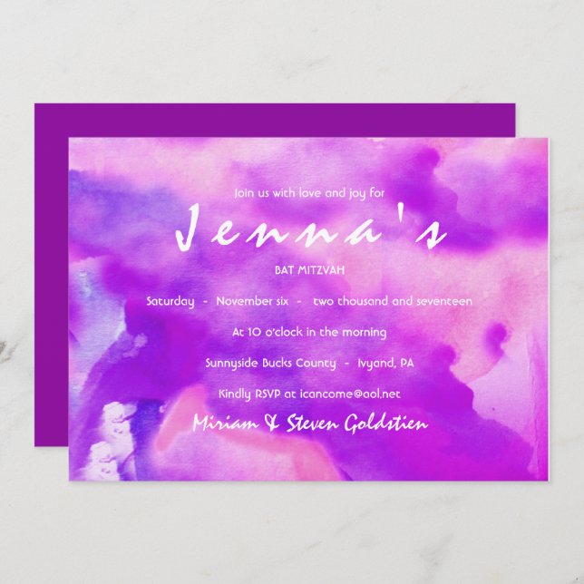 ICH BIN LILA WATERCOLOR Bat Mitzvah Einladung (Vorne/Hinten)