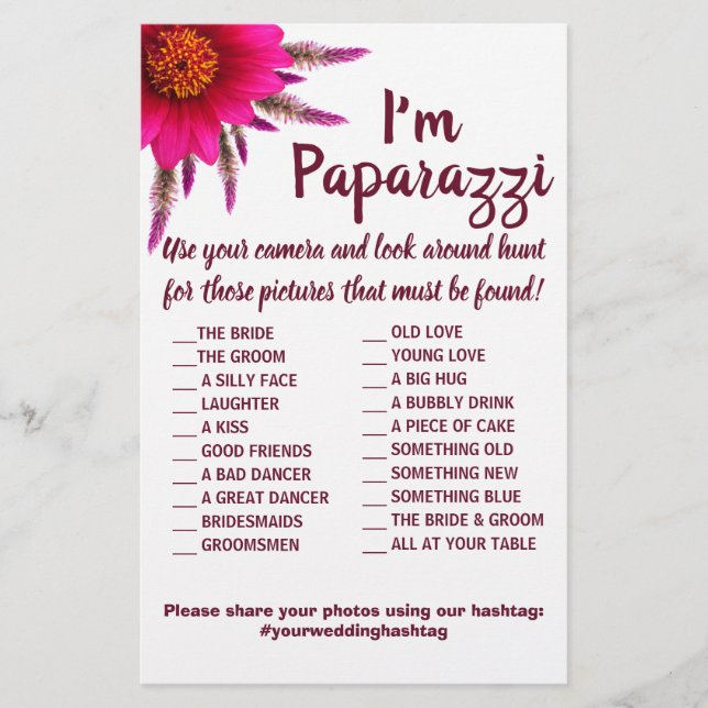 Ich bin Paparazzi Game Card Lila Blume Hochzeit Flyer (Vorne)