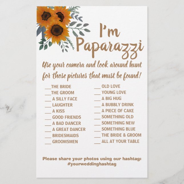Ich bin paparazzi Game Card Sonnenblumen Hochzeit Flyer (Vorne)