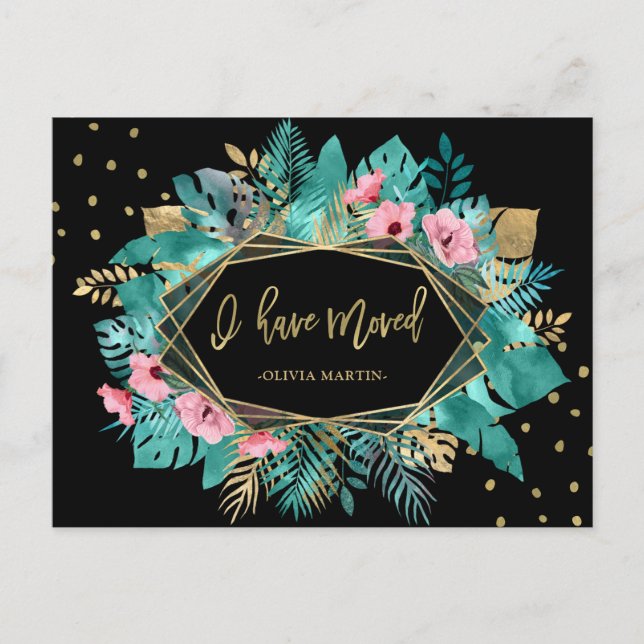 Ich bin umgezogen | Tropische Blätter Postkarte (Vorderseite)