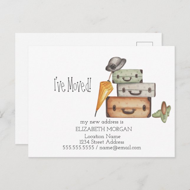 Ich bin umgezogen, Vintage Koffer - neue Adresse Ankündigungspostkarte (Vorne/Hinten)