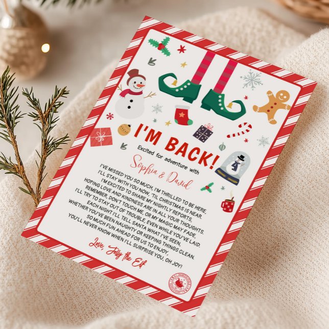 Ich bin zurück Elf Weihnachts Anreisekarte Einladung (I'm Back Christmas Elf Return Arrival Letter Card)
