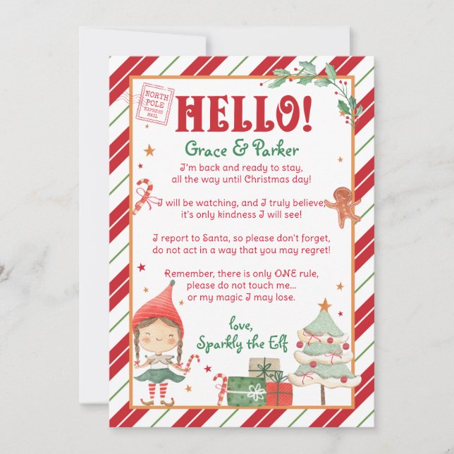 Ich bin zurück Weihnachts Elf Mädchen personalize  Einladung (Vorderseite)