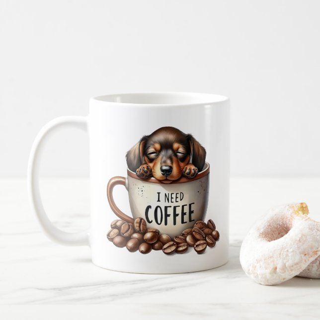 Ich brauche Kaffee - Welpe in einer Tasse  (Mit Donut)