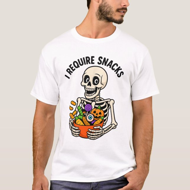 Ich brauche Snacks Funny Skeleton Halloween Meme T-Shirt (Vorderseite)