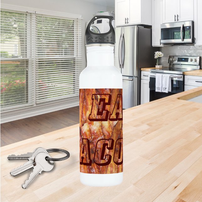 Ich esse Bacon Text mit Hintergrund Trinkflasche (Zazzle I Eat Bacon Text with Background Water Bottle (Front))