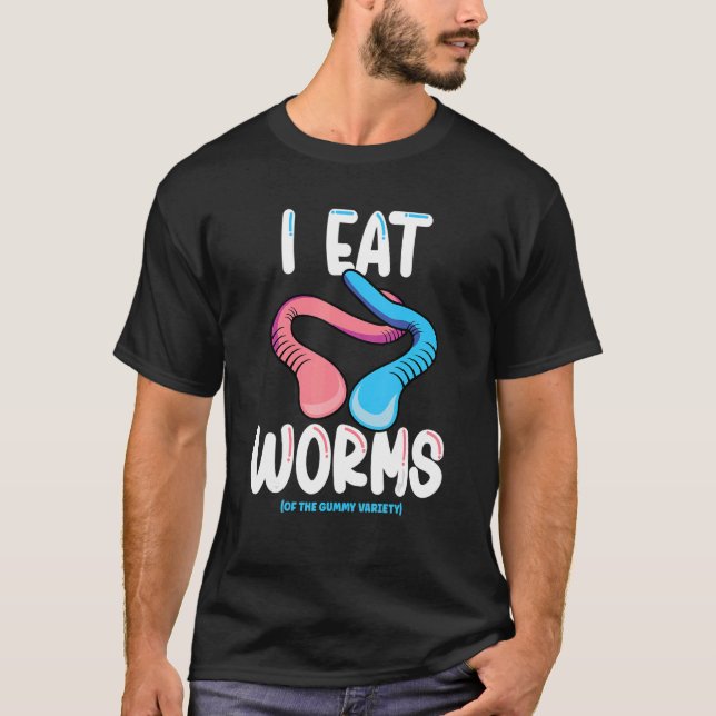 Ich esse Würmer aus dem gummifarbenen Gummiwürmer T-Shirt (Vorderseite)