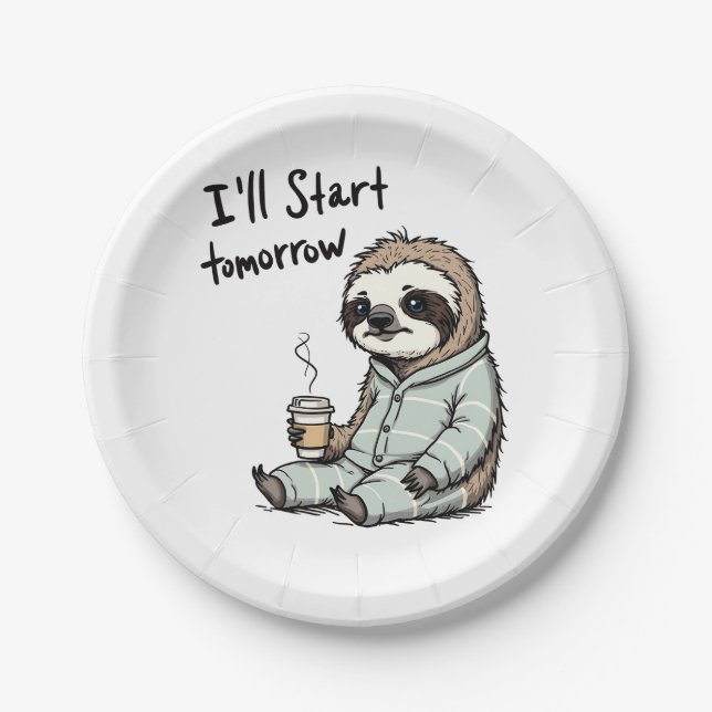 Ich fange morgen an Funny Sloth Animal Pappteller (Vorderseite)