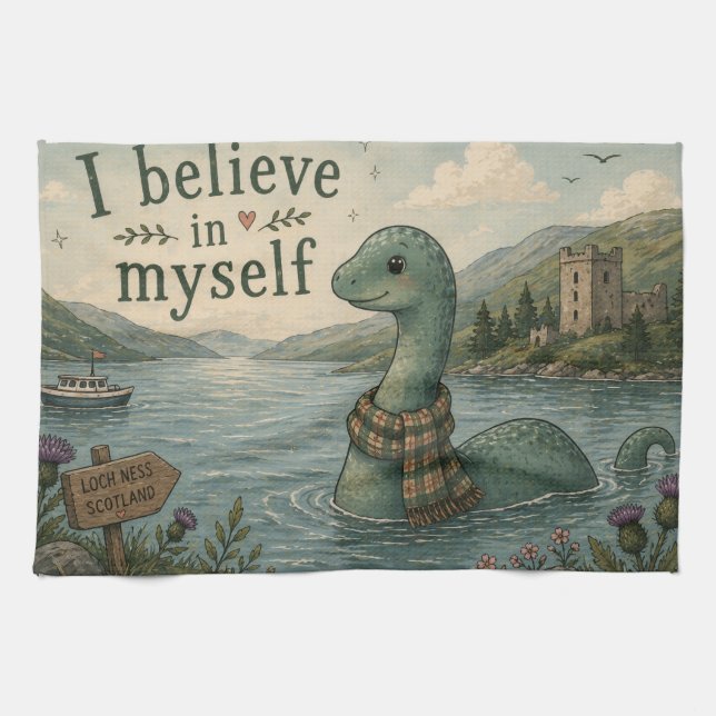 Ich glaube an mich selbst wunderliche Loch Ness Mo Geschirrtuch (Horizontal)