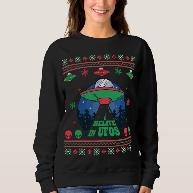 Ich glaube an UFOs hässlichen Weihnachtssüßer Sweatshirt (Vorderseite)