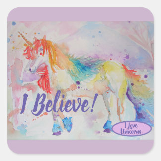 Ich glaube an Unicorns Rainbow Niedlich Girls Stic Quadratischer Aufkleber