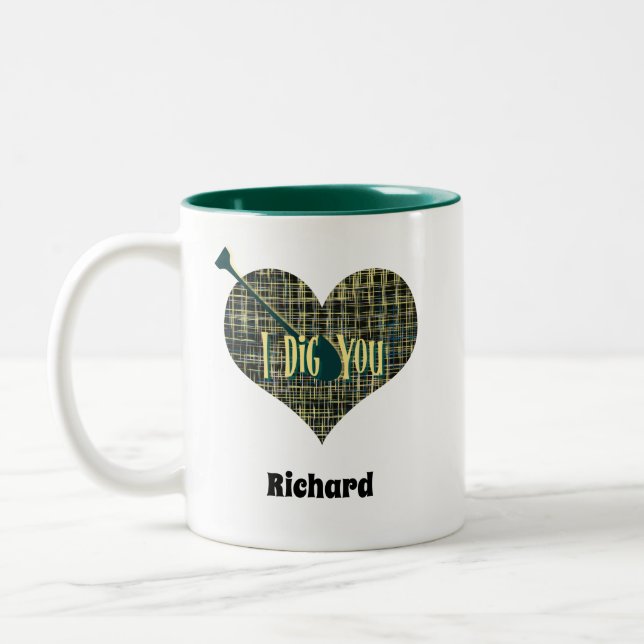 Ich gönne dir ein gelbes Grillherz mit Shovel Zweifarbige Tasse (Links)