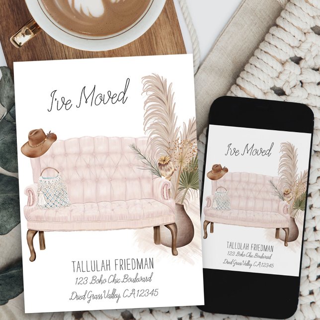 Ich habe Boho Chic Elegant Wohnzimmer Moving beweg Ankündigung (boho chic living room new address card available printed or as printable digital download)