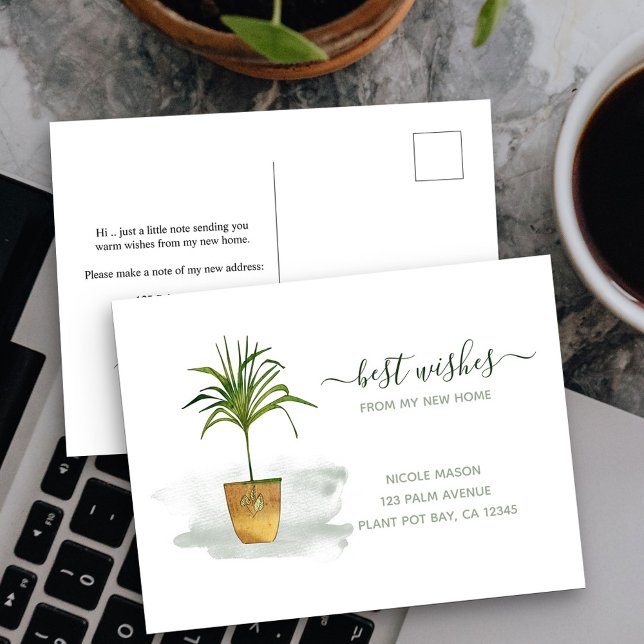Ich habe die gepunktete Palm-Pflanze verschoben An Postkarte (New Address postcard with elegant watercolor potted plant)