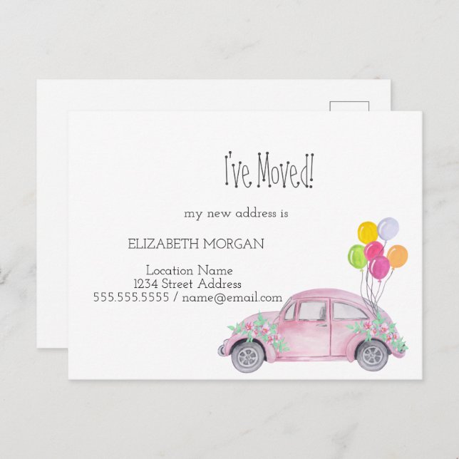 Ich habe mich bewegt, Aquarellpinke Auto, neue Adr Ankündigungspostkarte (Vorne/Hinten)