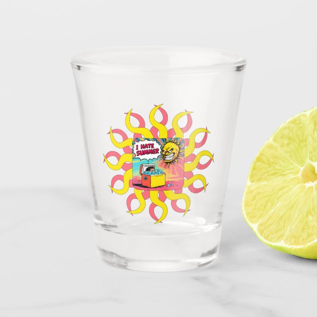 Ich hasse Sommer! Lustige Comic-Illustration  Schnapsglas (Vorderseite)