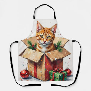 Ich helfe beim Auspacken! Lustige Katze in Weihnac Schürze
