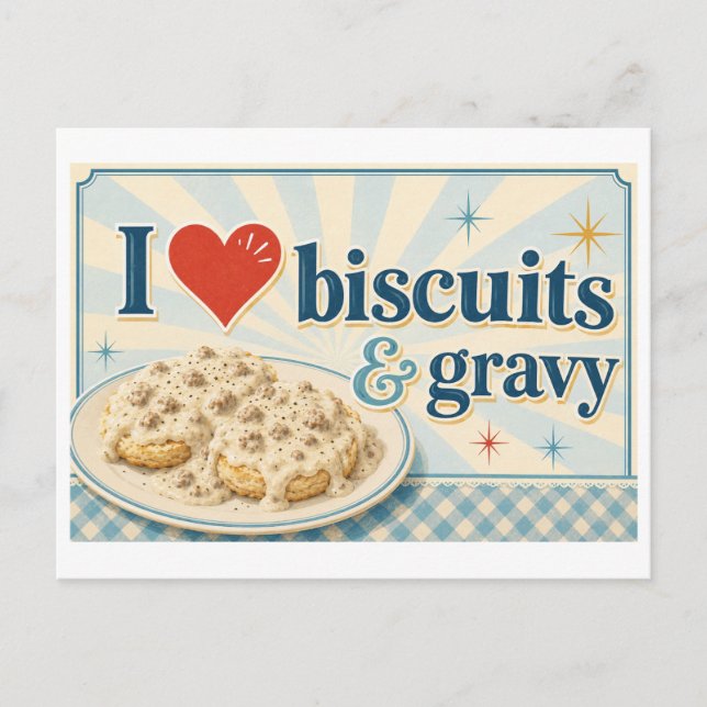 "Ich [Herz] Biscuits & Gravy" Postkarte (Vorderseite)